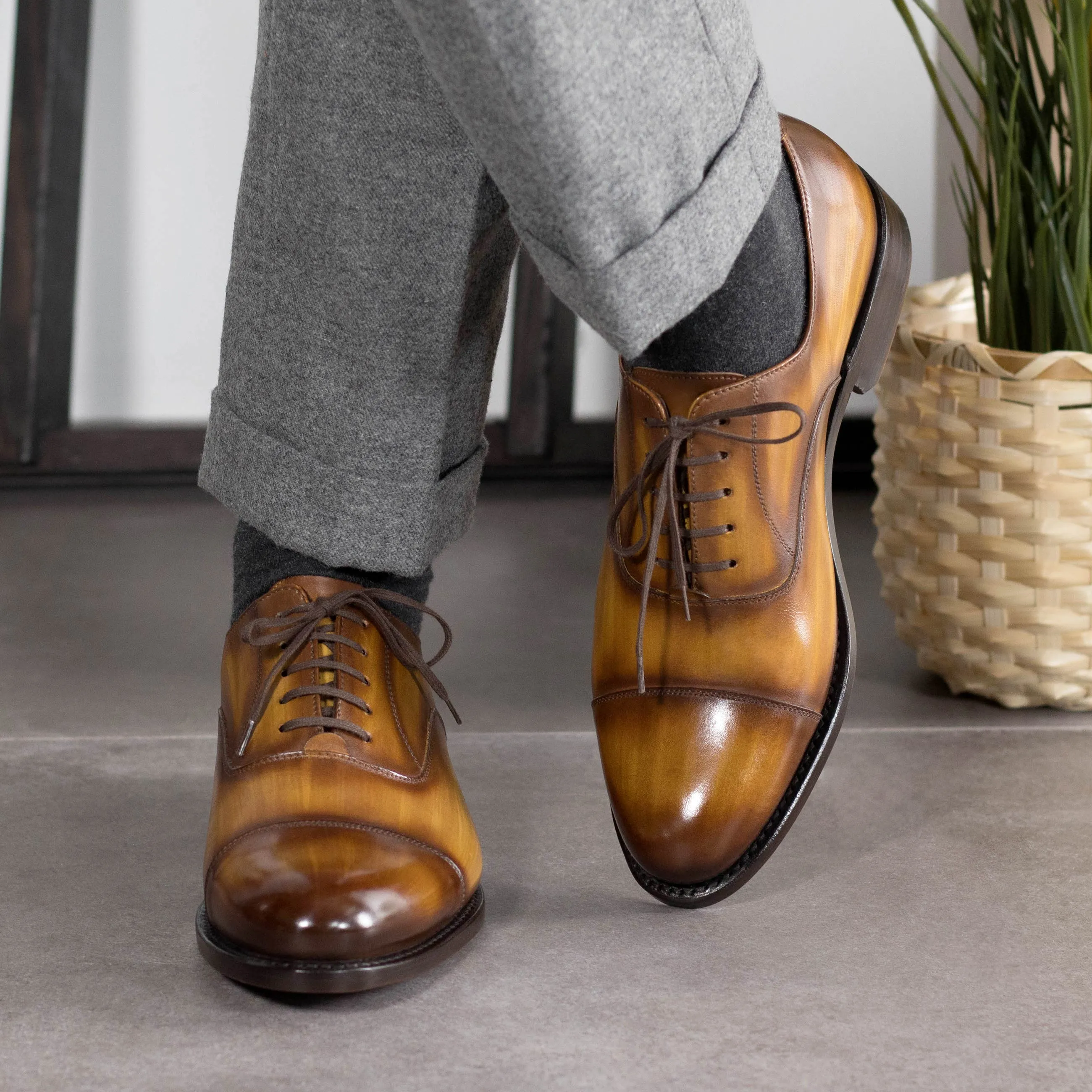Chaussures Dapperfam DapperFam Rafael en Oxford à patine peinte à la main pour hommes couleur cognac