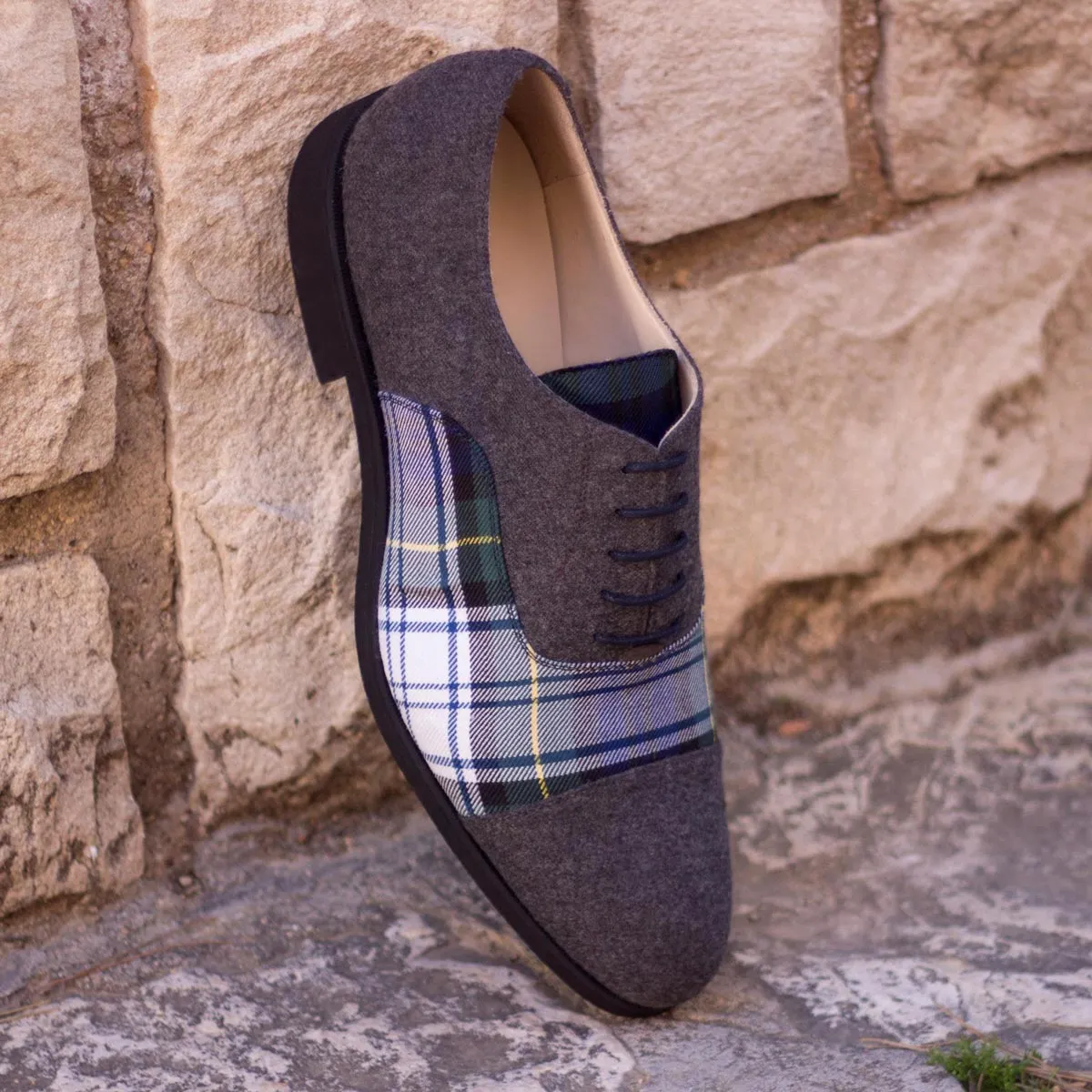 Chaussures Dapperfam DapperFam Rafael en Tartan / Gris Foncé / Marron Foncé Oxford Sartorial pour Hommes en Flanelle et Cuir Italien