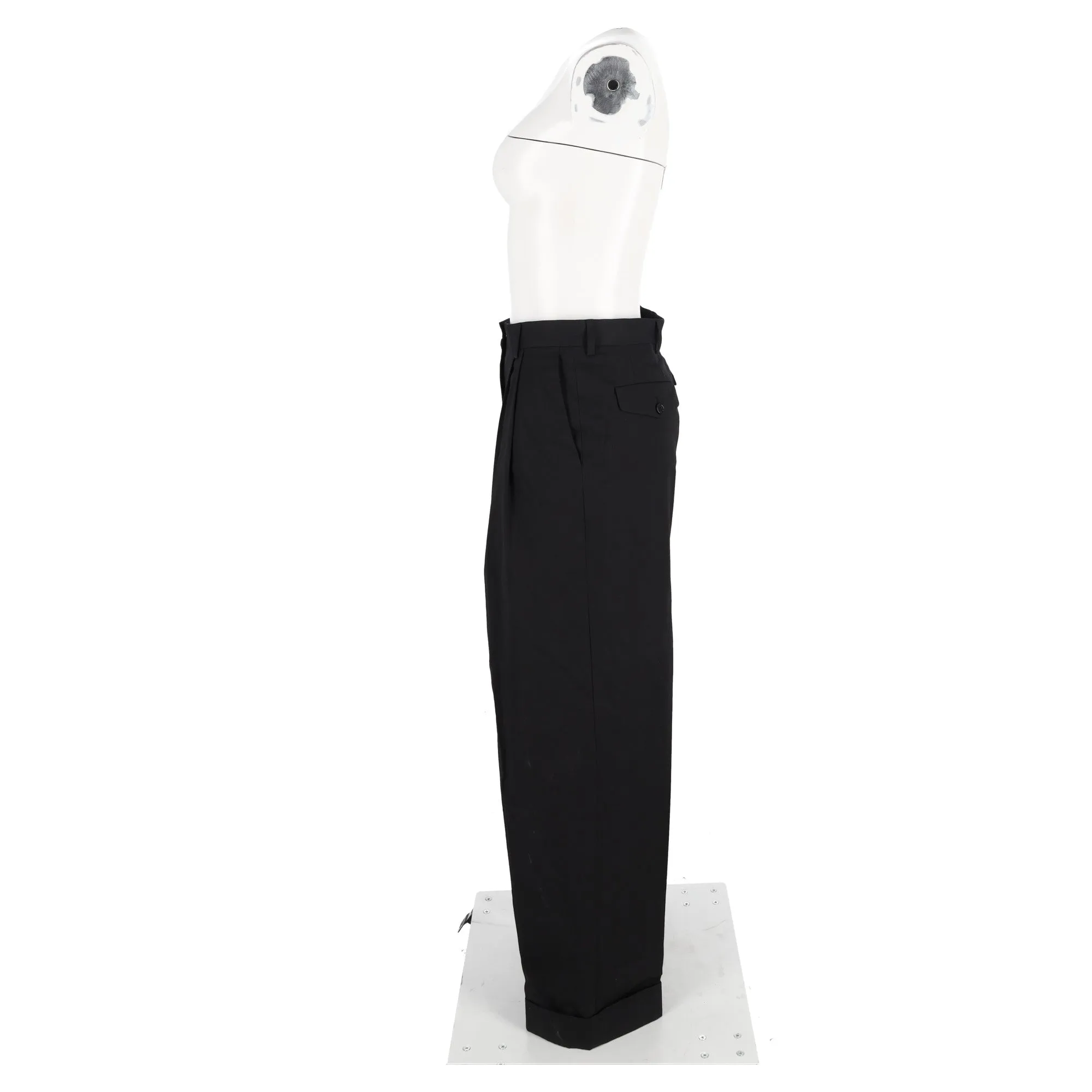 Pantalon large à taille haute plissé en laine noire Dries Van Noten