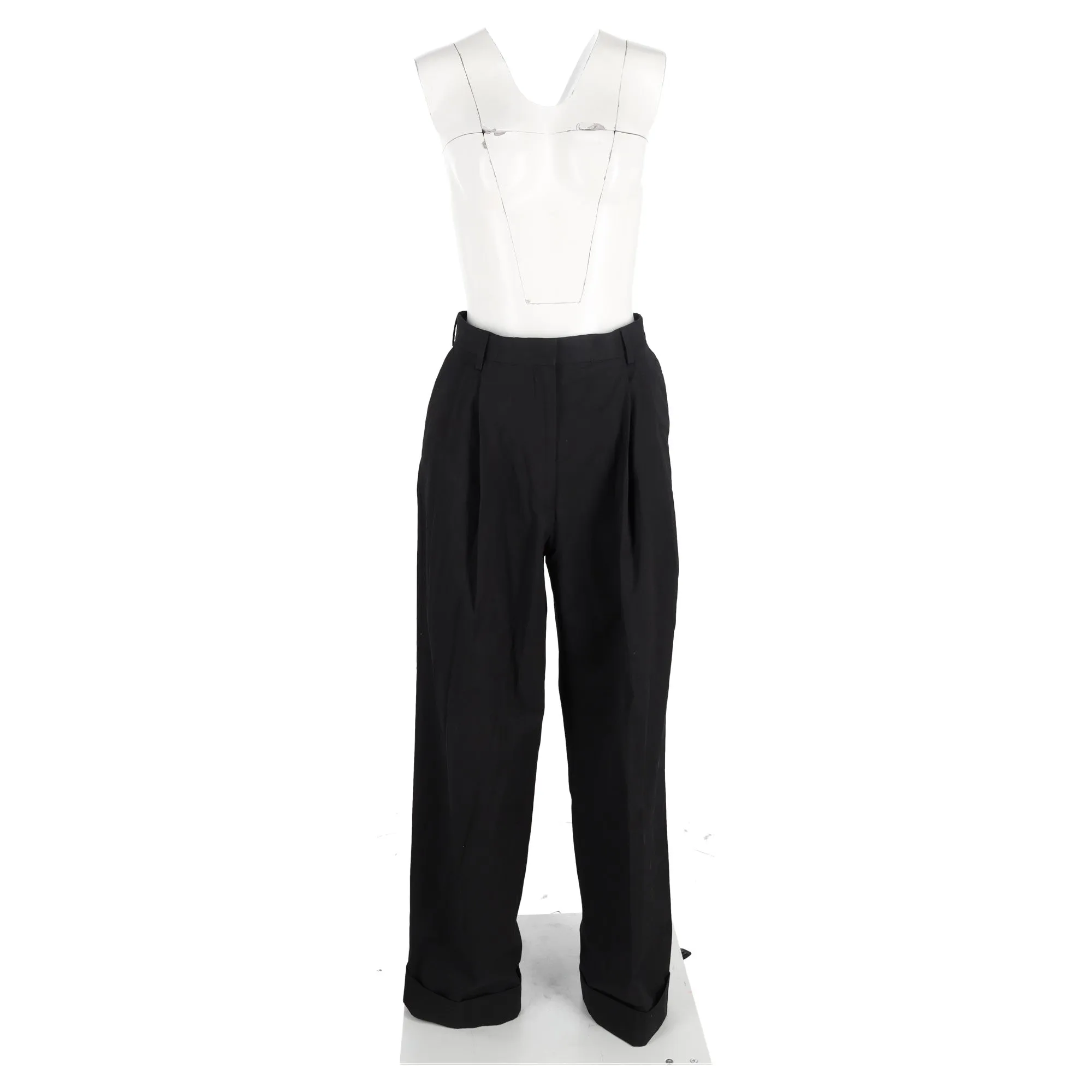 Pantalon large à taille haute plissé en laine noire Dries Van Noten