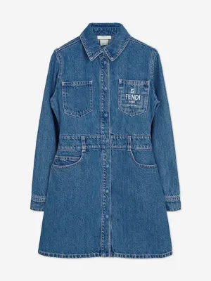 Robe chemise en denim Fendi Girls avec logo FF en bleu