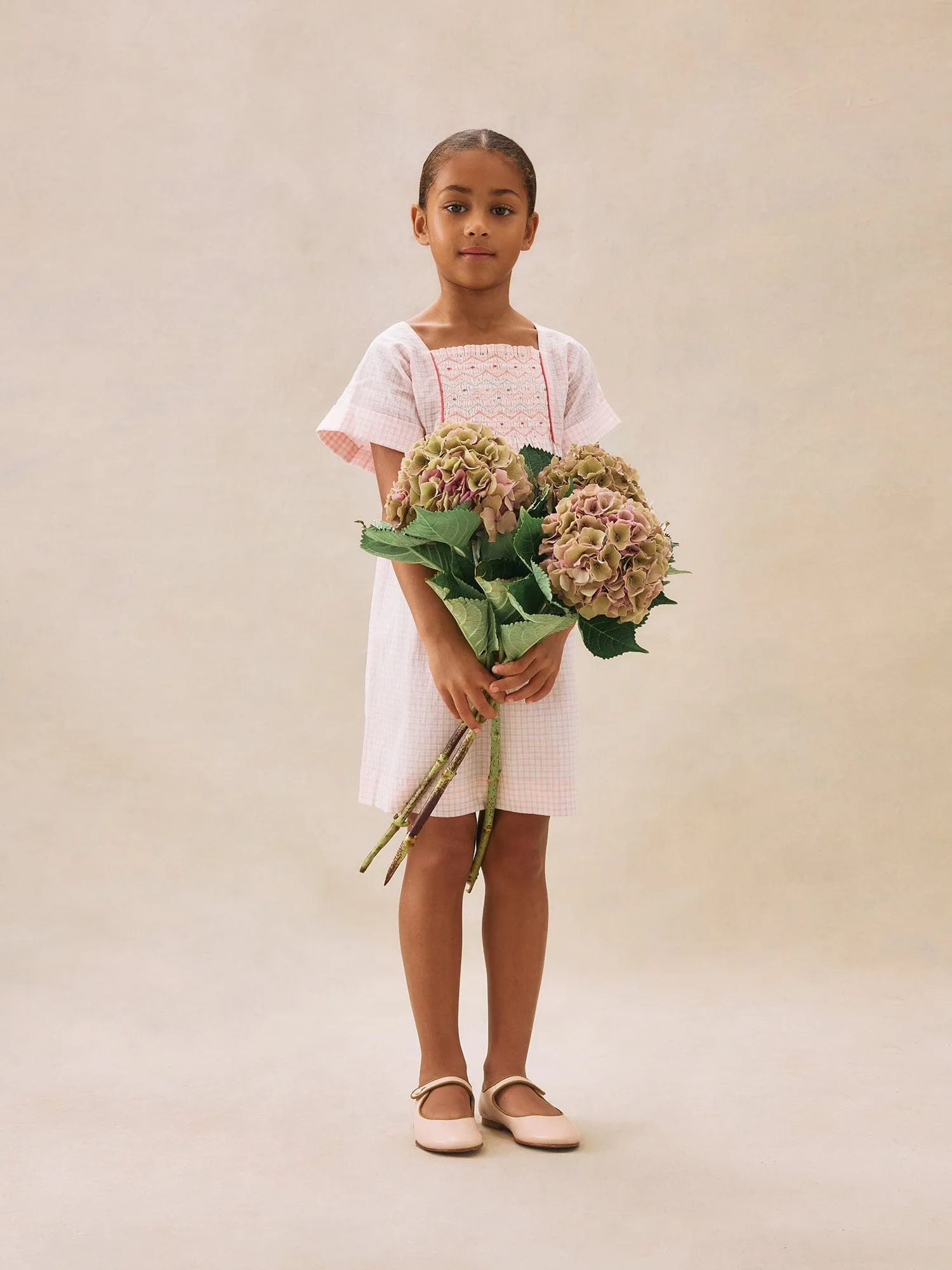 Robe paysanne froncée pour filles en rose