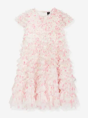 Robe rose en tulle à motifs fleuris et volants pour filles