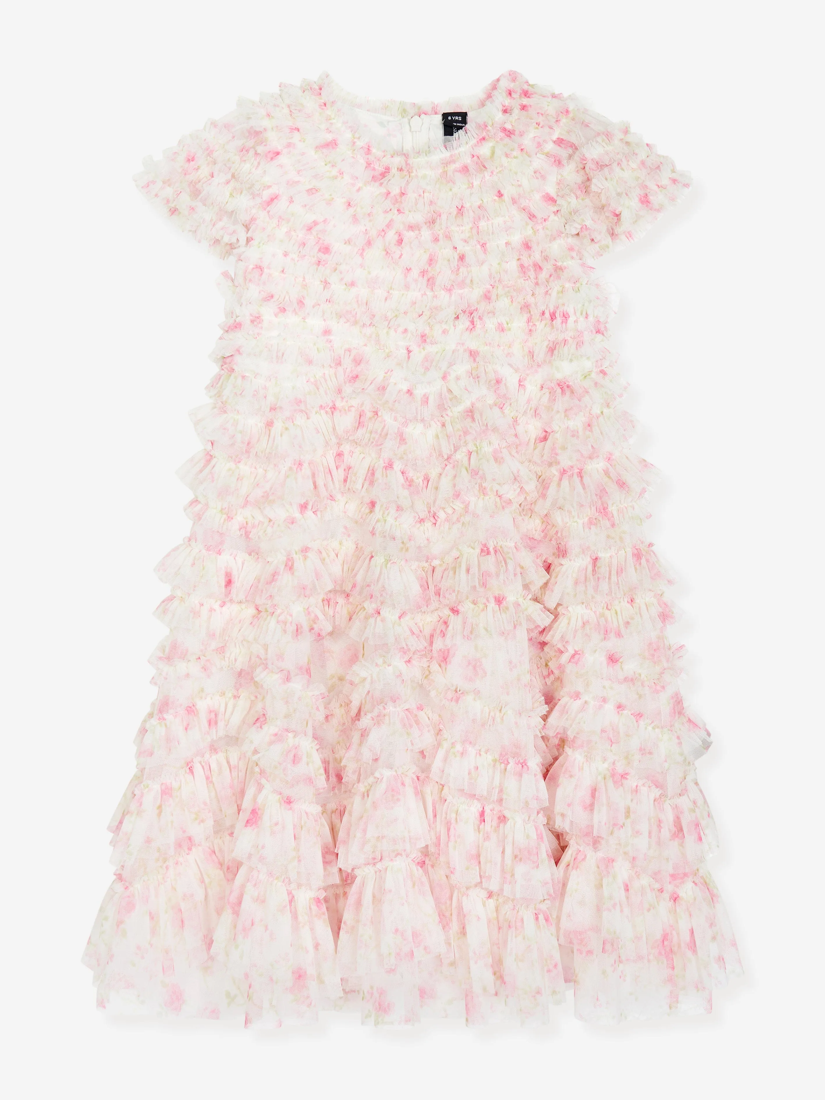Robe rose en tulle à motifs fleuris et volants pour filles