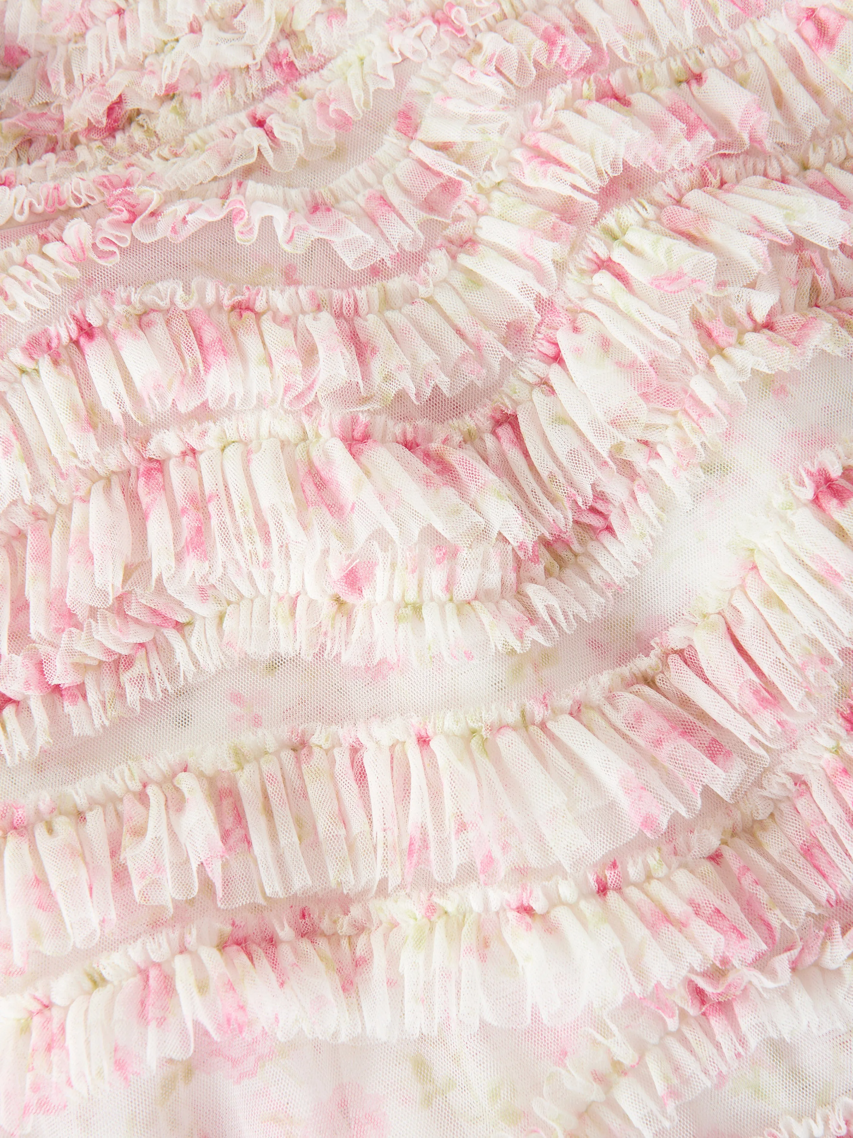Robe rose en tulle à motifs fleuris et volants pour filles