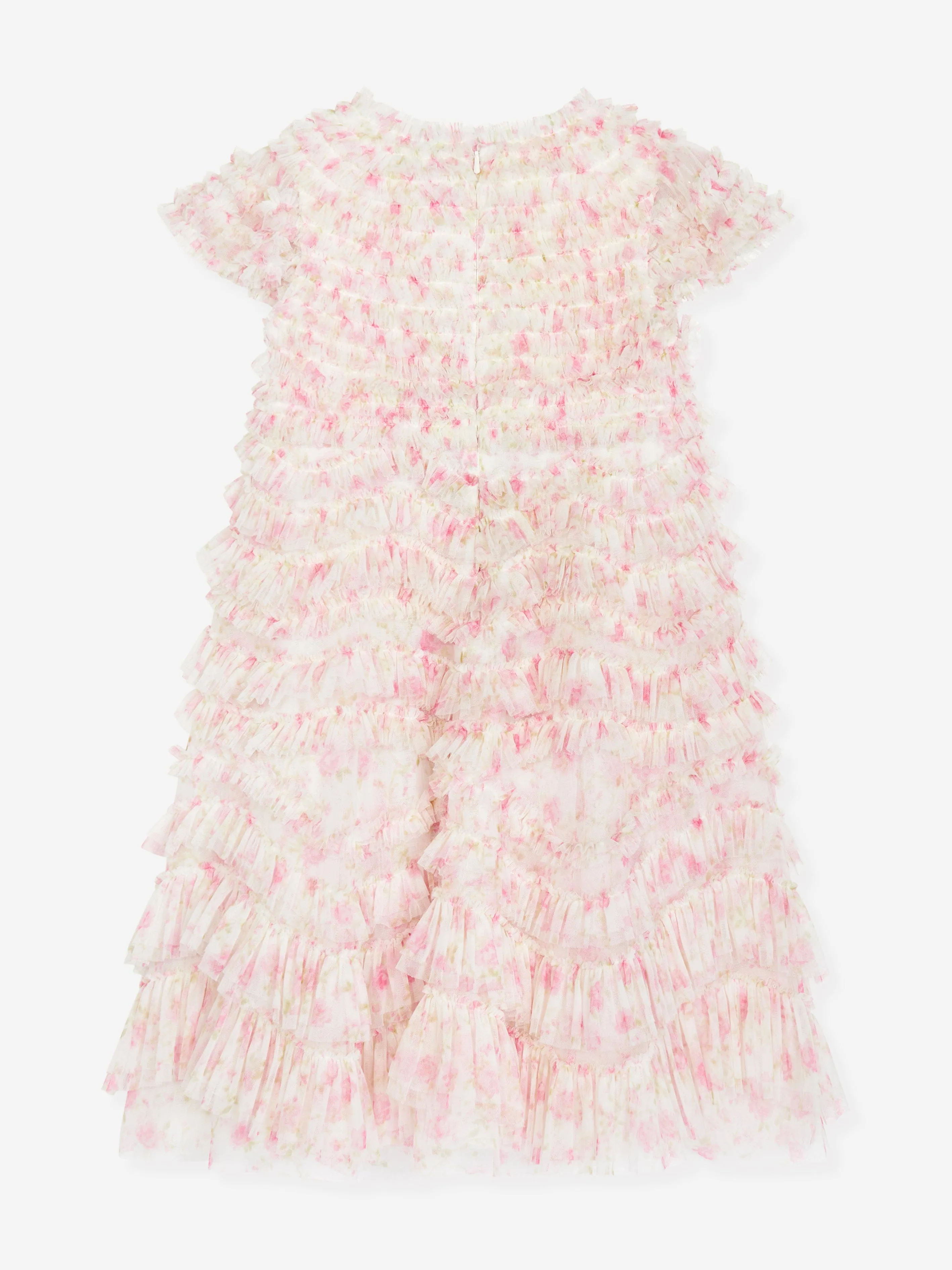 Robe rose en tulle à motifs fleuris et volants pour filles