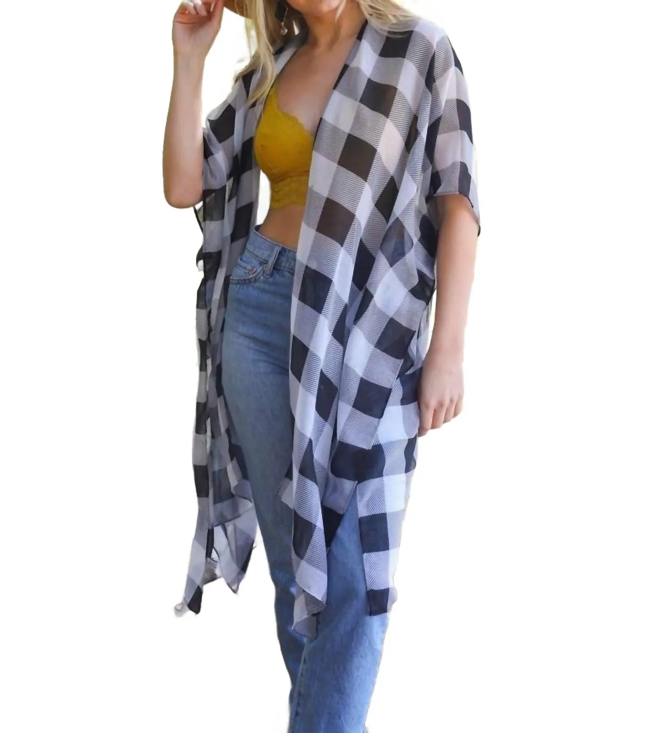 Kimono léger à carreaux Buffalo en noir et blanc
