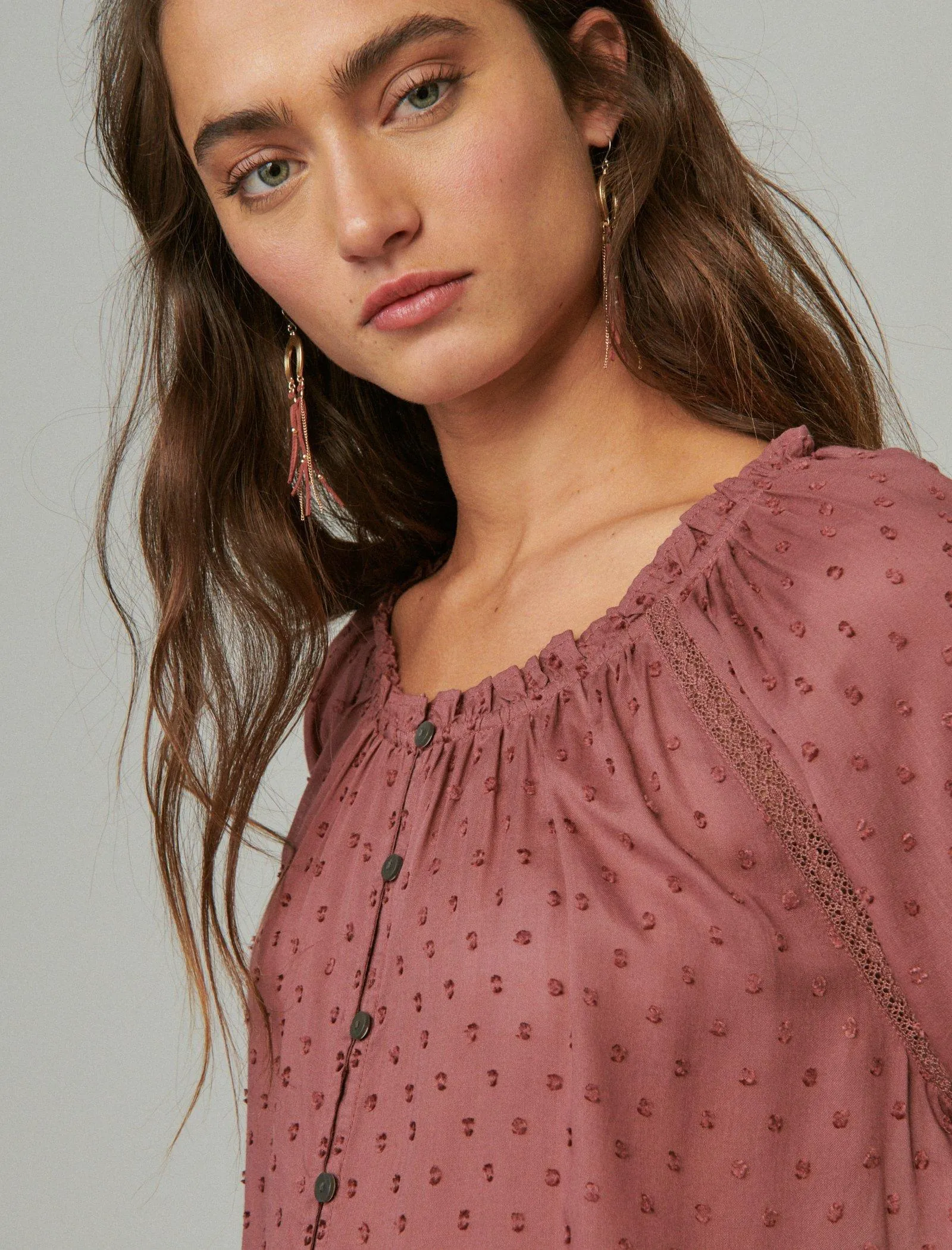 Lucky Brand Blouse à Ourlet Bulle Rose Marron Lucky Brand