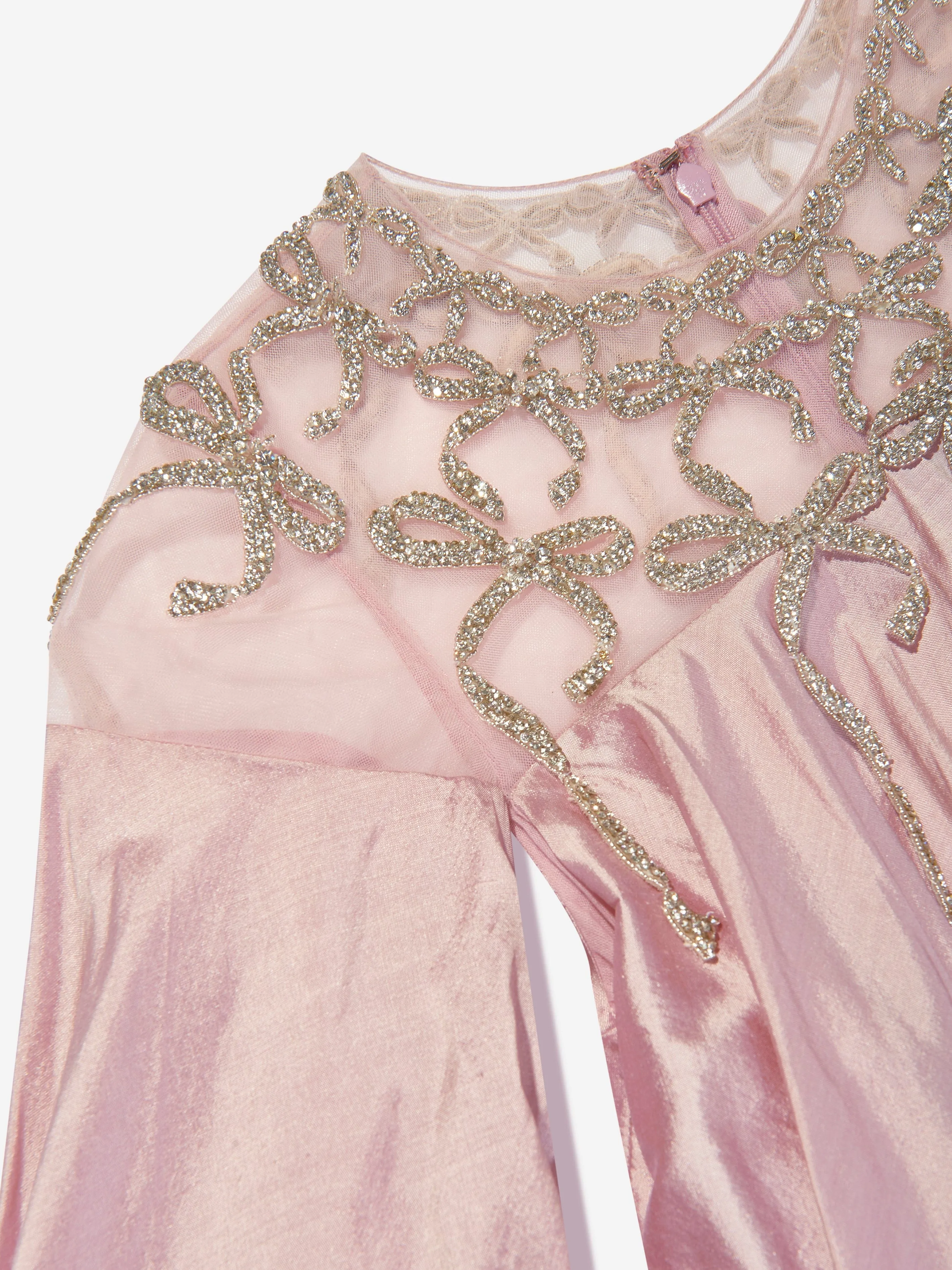 Robe à manches longues Maxine en soie avec pompon rose Maison Ava pour filles