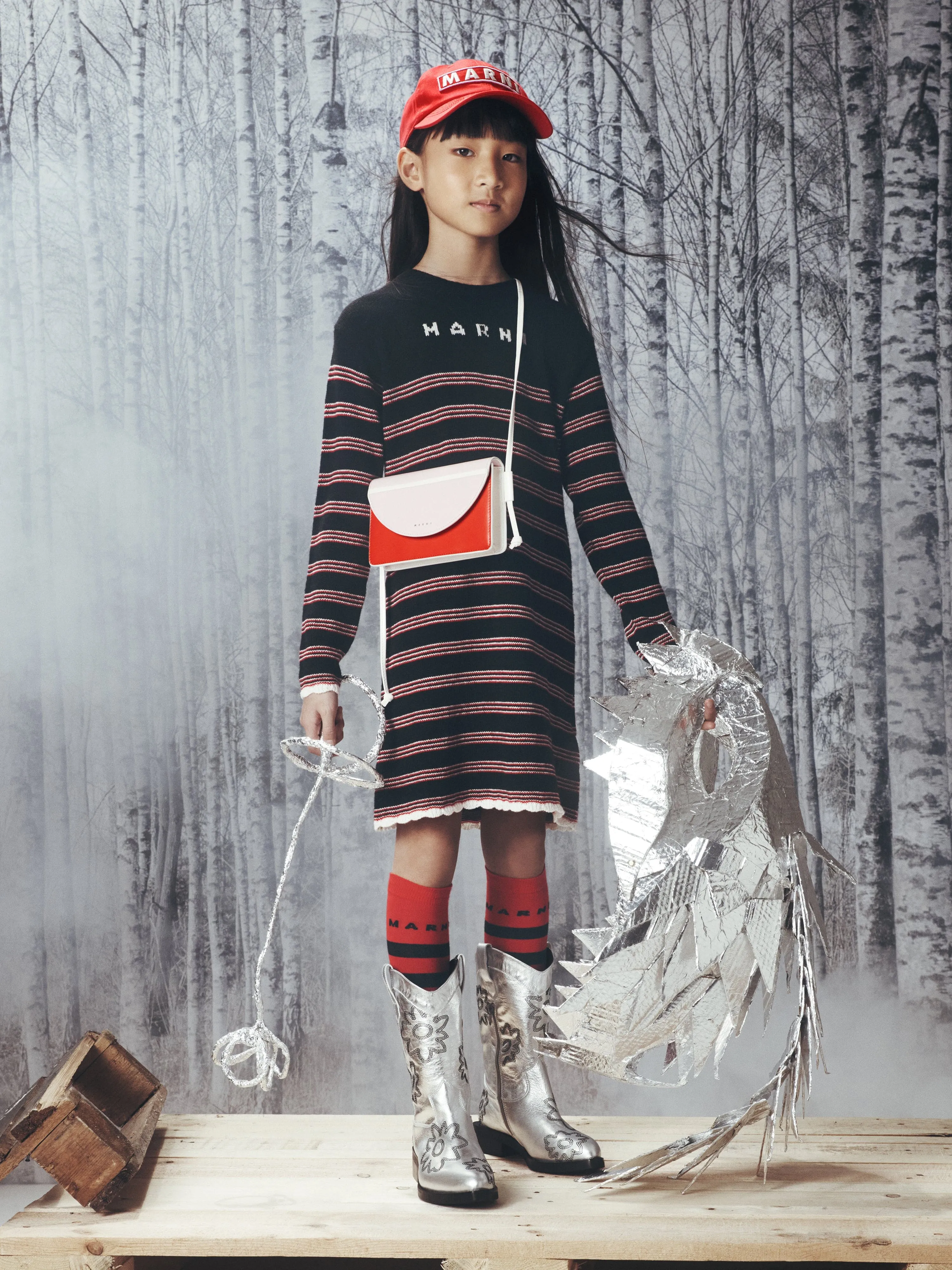Robe rayée tricotée MARNI pour filles en noir