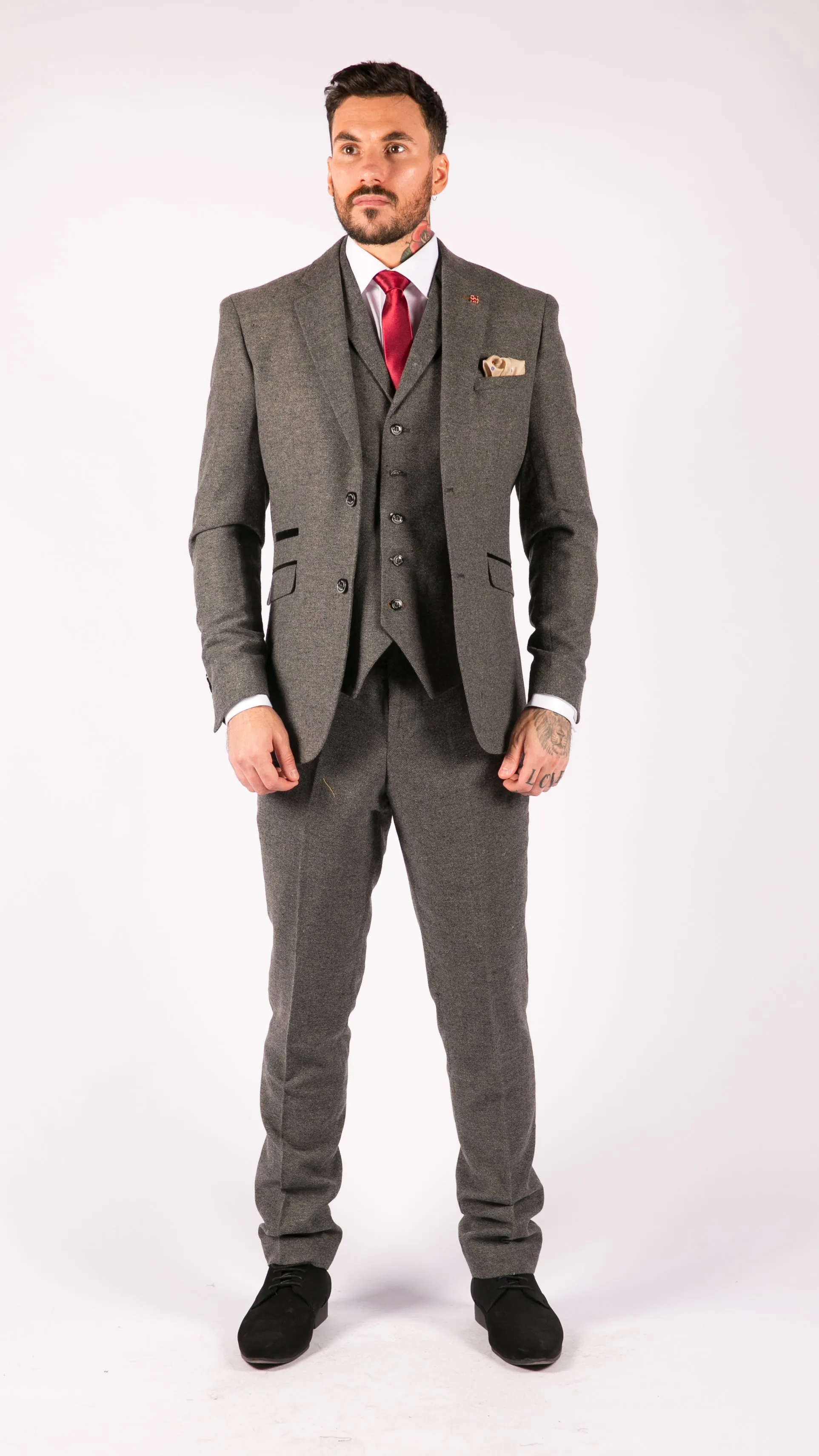 Costume en laine Martez 3 pièces à motif chevron gris