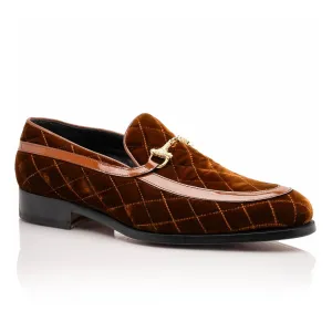 Mauri Shoes Mauri Allure in Cognac Mens Quilted Velvet / Patent Leather Slip-on Horsebit Loafers