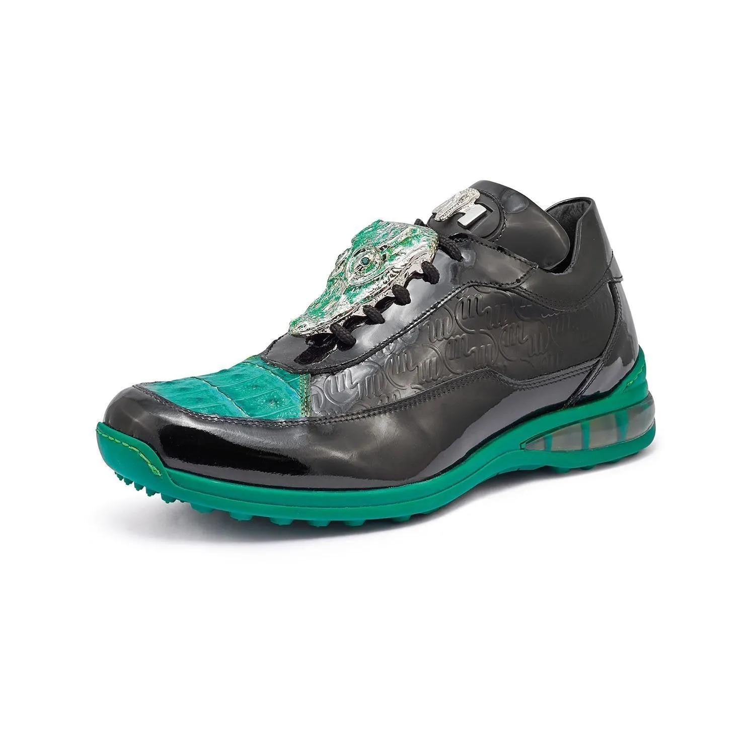 Mauri Shoes Mauri Bubble en Noir / Vert Feuille Hommes Exotique Crocodile / Cuir Gaufré Verni Baskets Décontractées