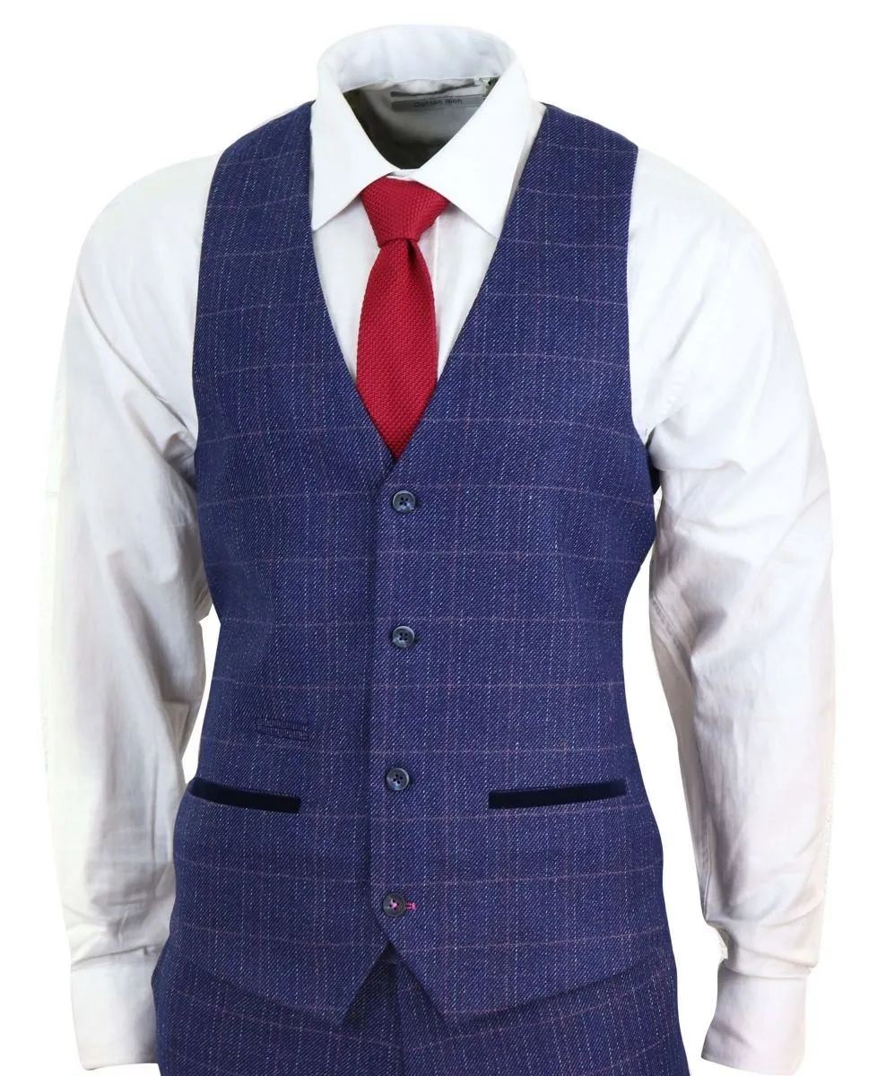 Costume vintage classique 3 pièces en bleu à motif chevron pour homme