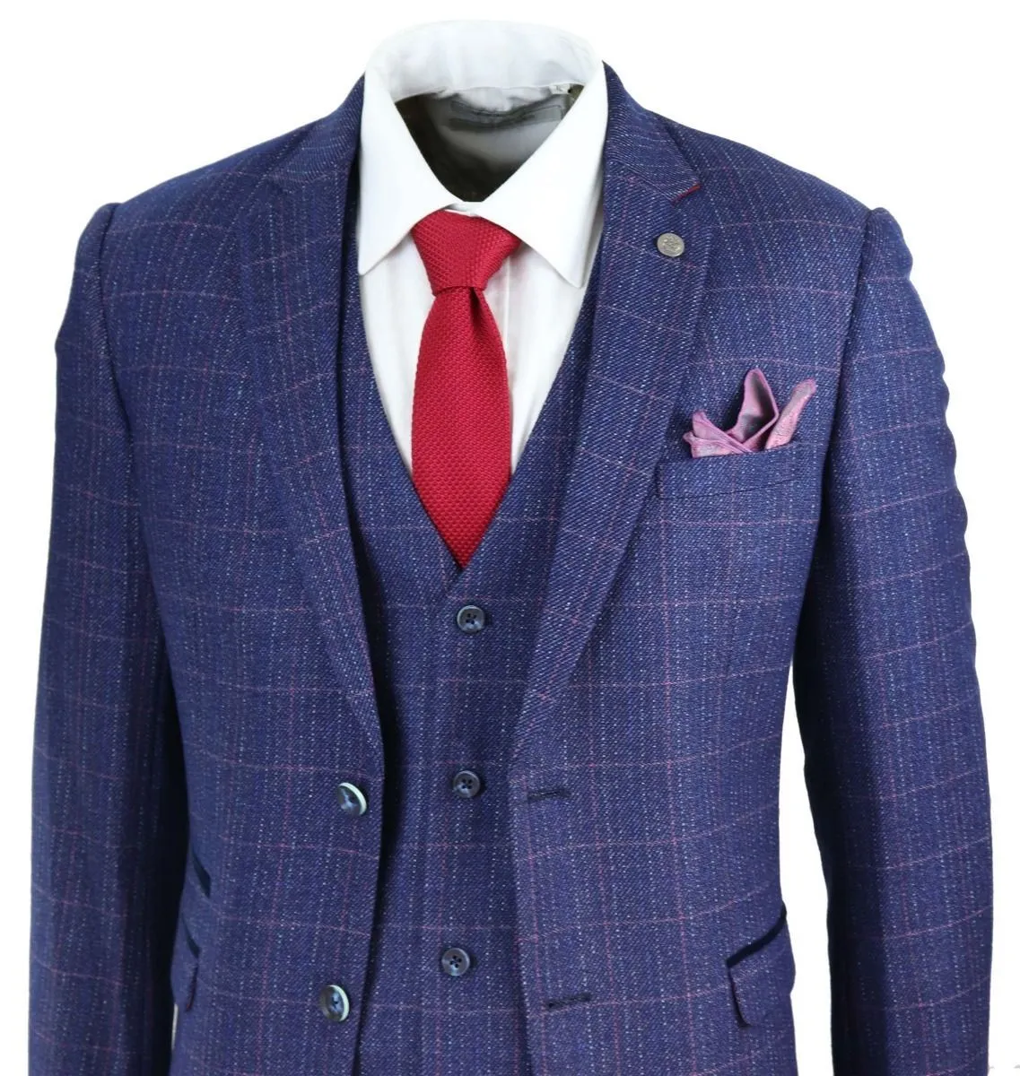 Costume vintage classique 3 pièces en bleu à motif chevron pour homme