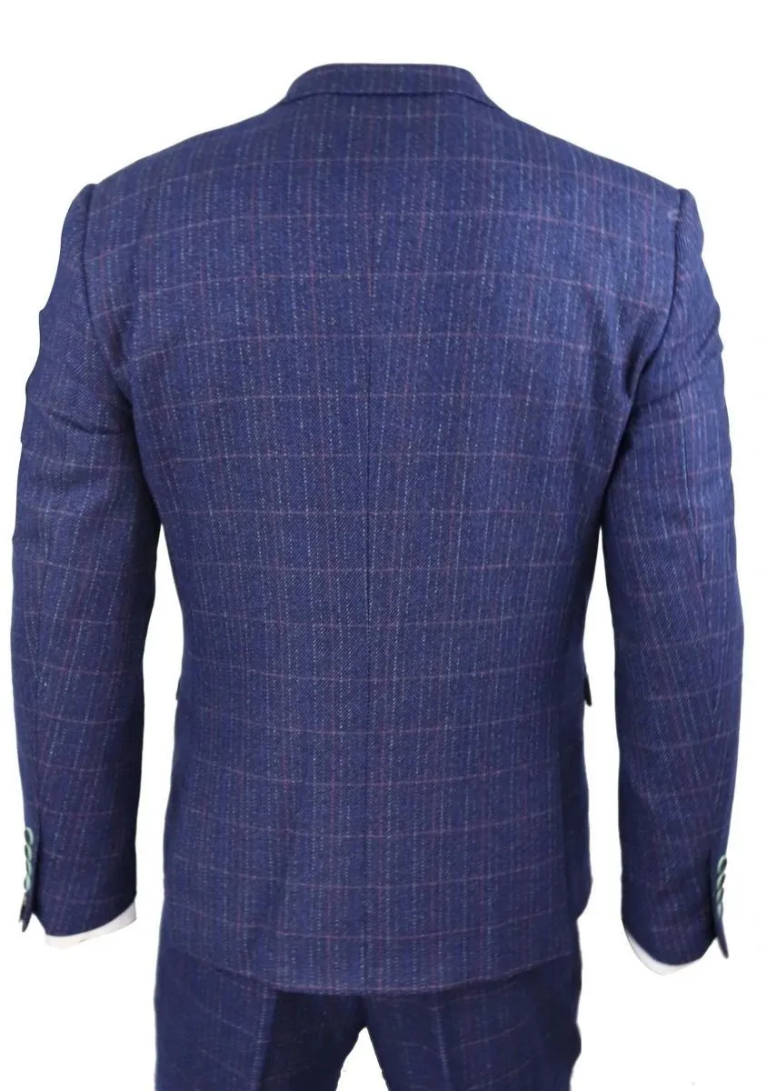 Costume vintage classique 3 pièces en bleu à motif chevron pour homme