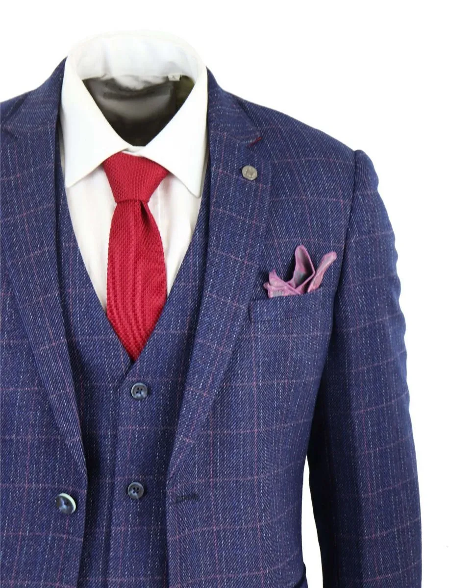 Costume vintage classique 3 pièces en bleu à motif chevron pour homme