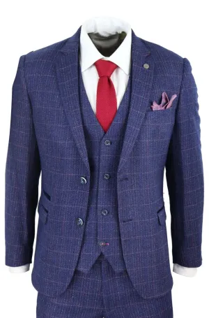 Costume vintage classique 3 pièces en bleu à motif chevron pour homme
