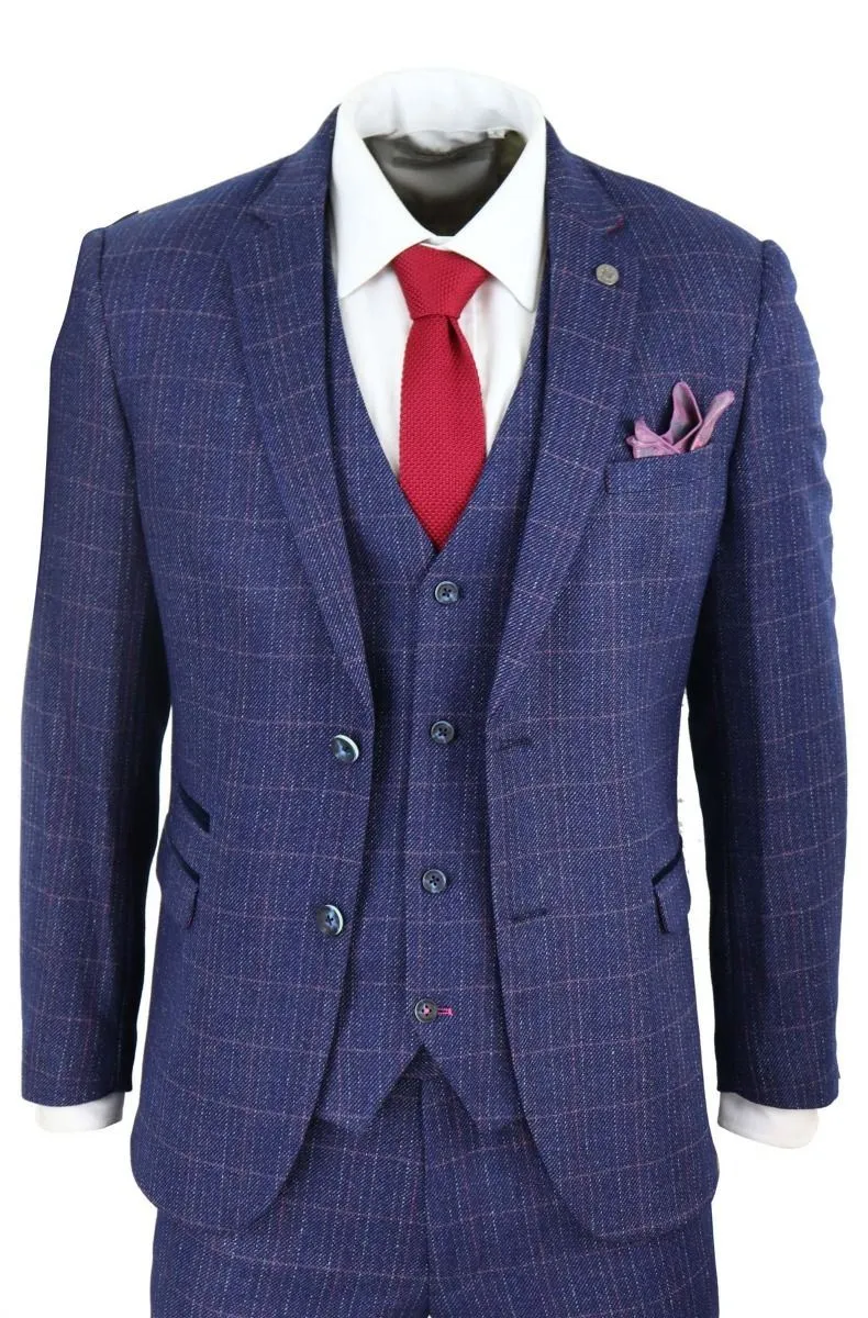 Costume vintage classique 3 pièces en bleu à motif chevron pour homme