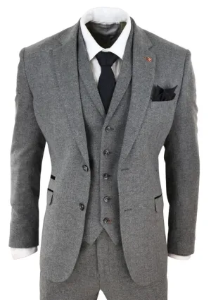 Costume rétro en laine tweed à chevrons gris foncé pour homme - 3 pièces
