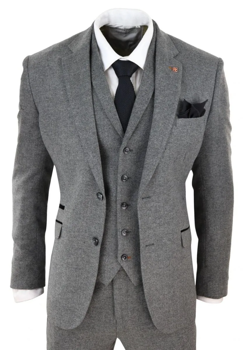 Costume rétro en laine tweed à chevrons gris foncé pour homme - 3 pièces