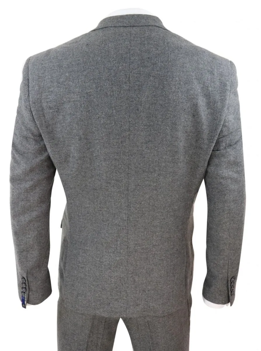 Costume rétro en laine tweed à chevrons gris foncé pour homme - 3 pièces