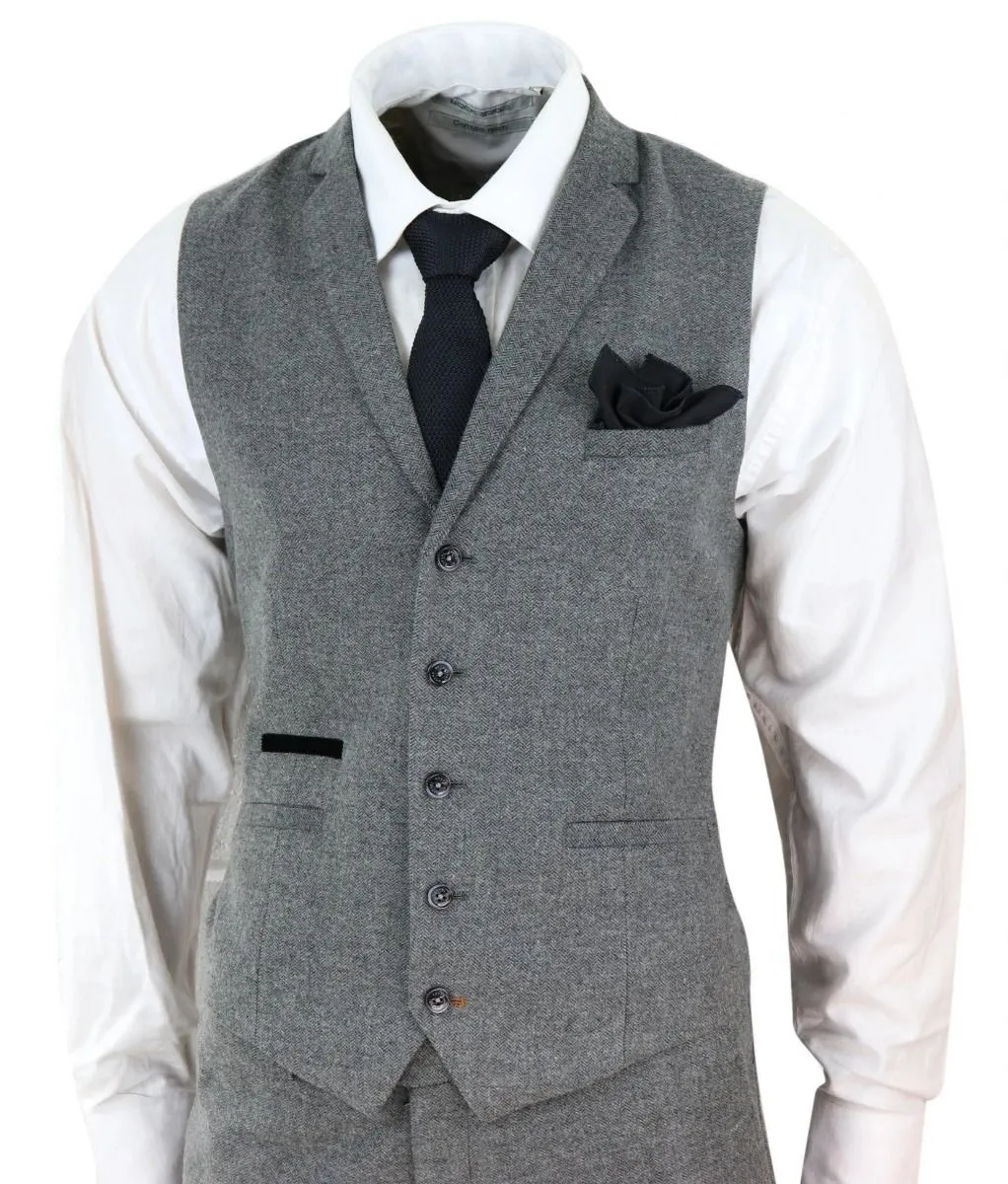 Costume rétro en laine tweed à chevrons gris foncé pour homme - 3 pièces