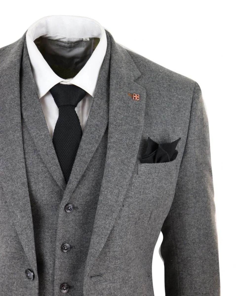 Costume rétro en laine tweed à chevrons gris foncé pour homme - 3 pièces