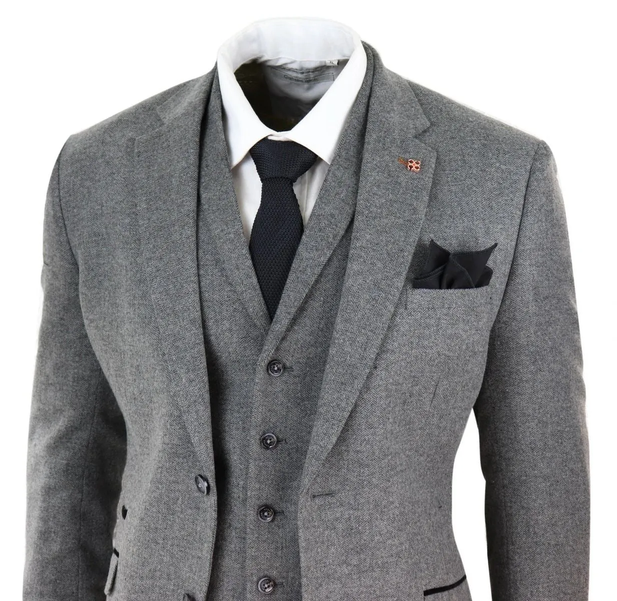 Costume rétro en laine tweed à chevrons gris foncé pour homme - 3 pièces