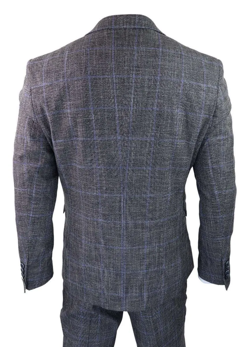 Costume vintage classique trois pièces gris à carreaux bleus en tweed