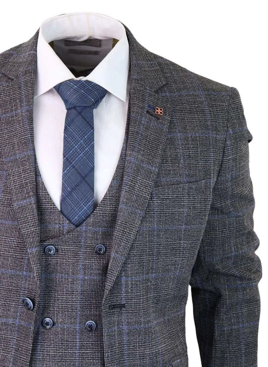 Costume vintage classique trois pièces gris à carreaux bleus en tweed