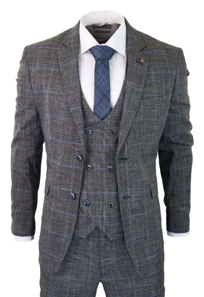 Costume vintage classique trois pièces gris à carreaux bleus en tweed