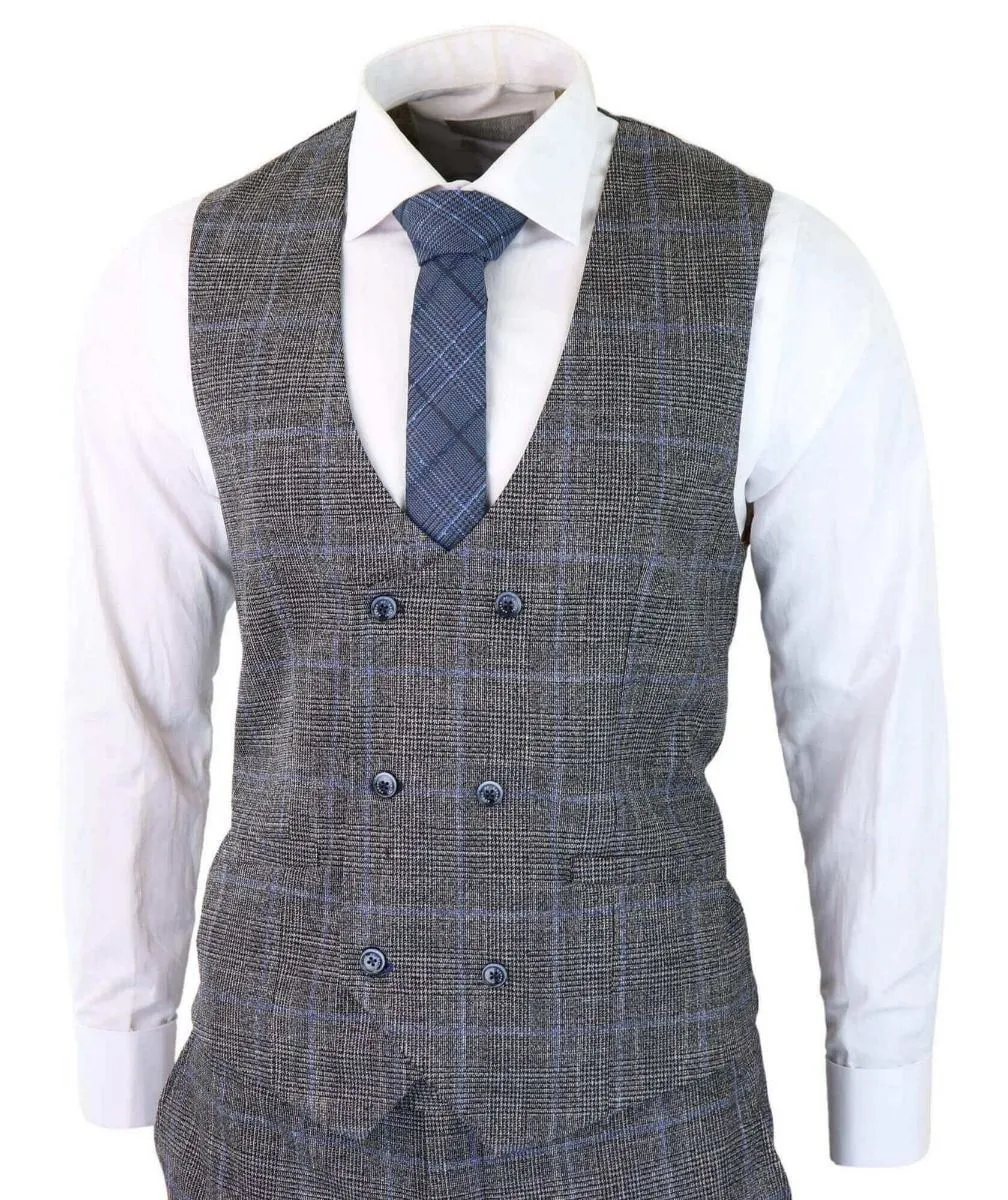 Costume vintage classique trois pièces gris à carreaux bleus en tweed