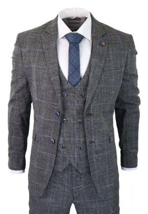 Costume vintage classique trois pièces gris à carreaux bleus en tweed