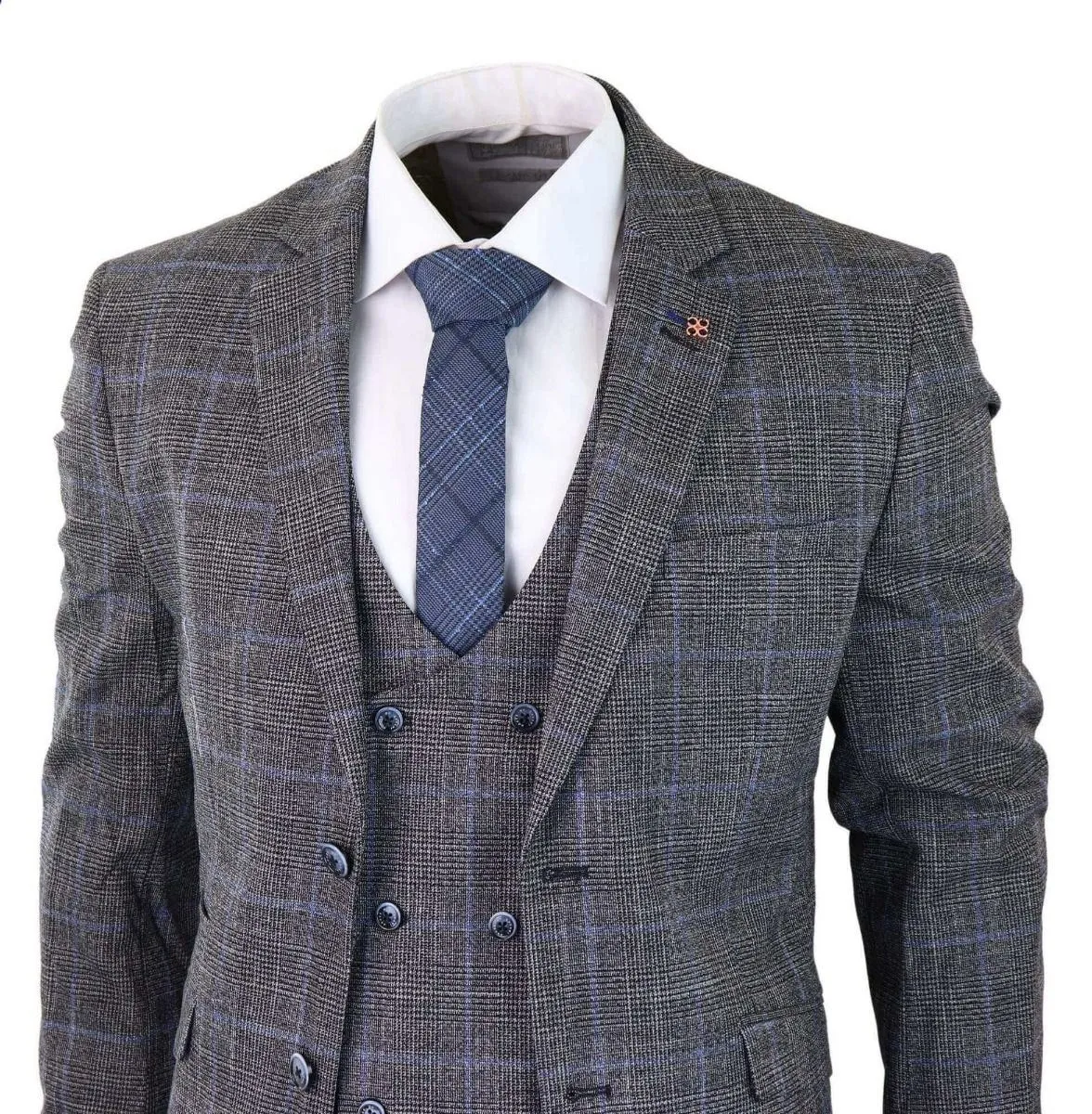 Costume vintage classique trois pièces gris à carreaux bleus en tweed