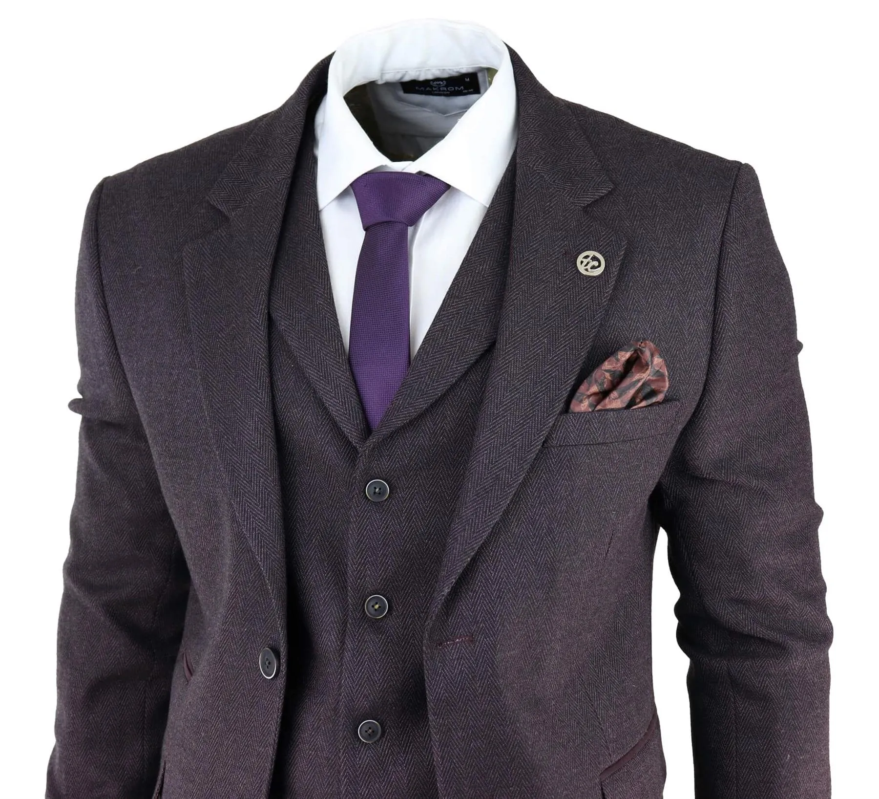 Costume Homme 3 Pièces Violet Prune en Tweed Chevron Classique Sur Mesure Style Peaky Blinders