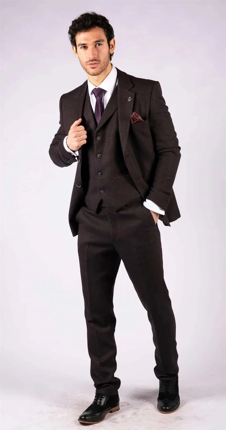 Costume Homme 3 Pièces Violet Prune en Tweed Chevron Classique Sur Mesure Style Peaky Blinders