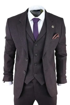 Costume Homme 3 Pièces Violet Prune en Tweed Chevron Classique Sur Mesure Style Peaky Blinders
