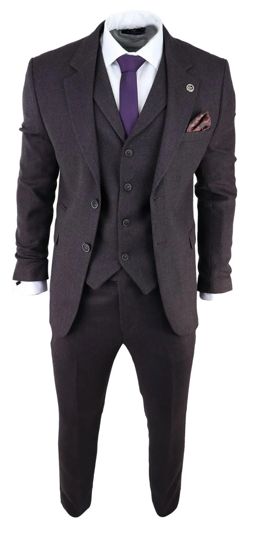 Costume Homme 3 Pièces Violet Prune en Tweed Chevron Classique Sur Mesure Style Peaky Blinders