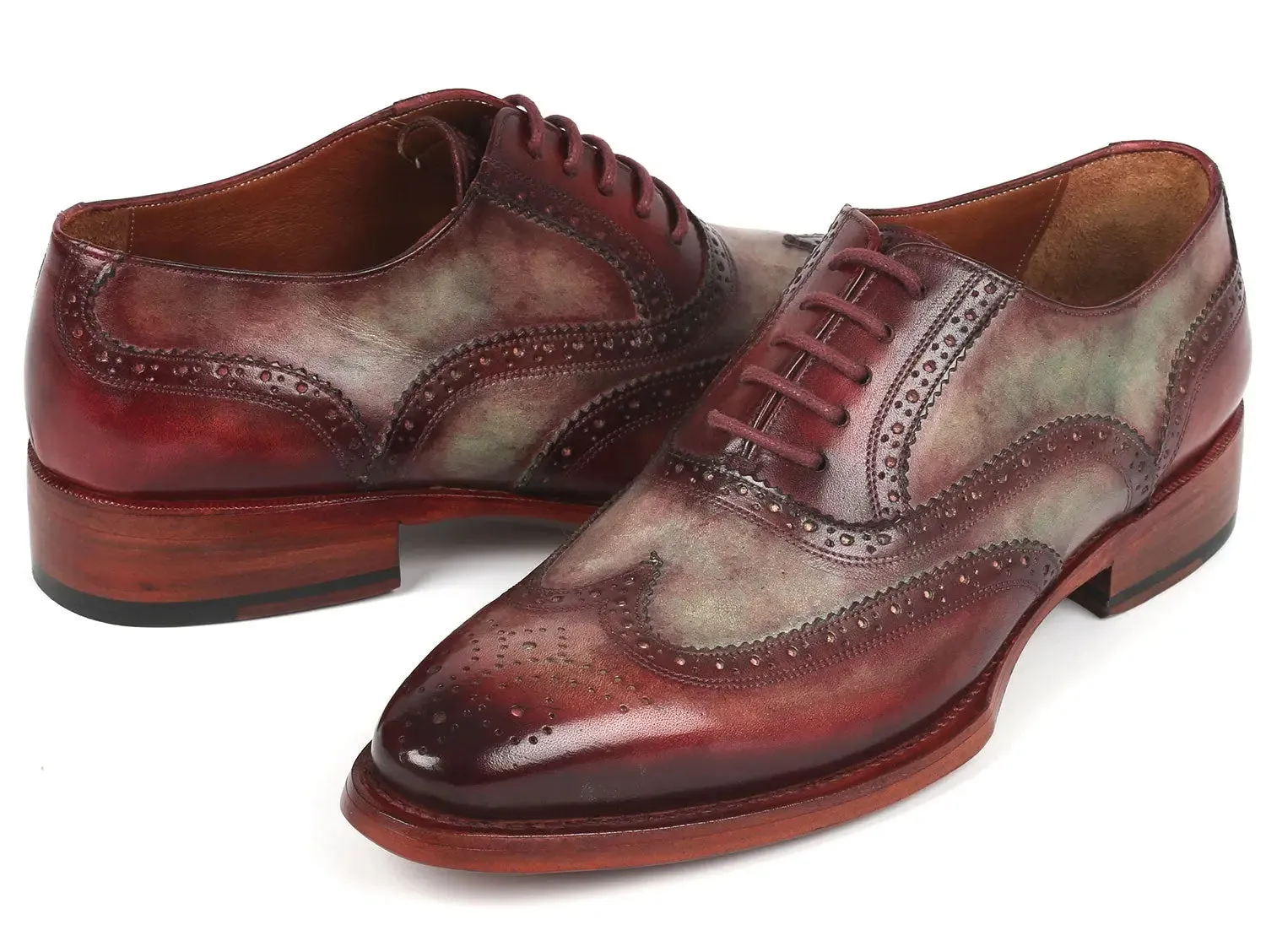 Paul Parkman Chaussures Paul Parkman Oxfords à bout effilé bicolores pour hommes avec couture Goodyear en vert et bordeaux