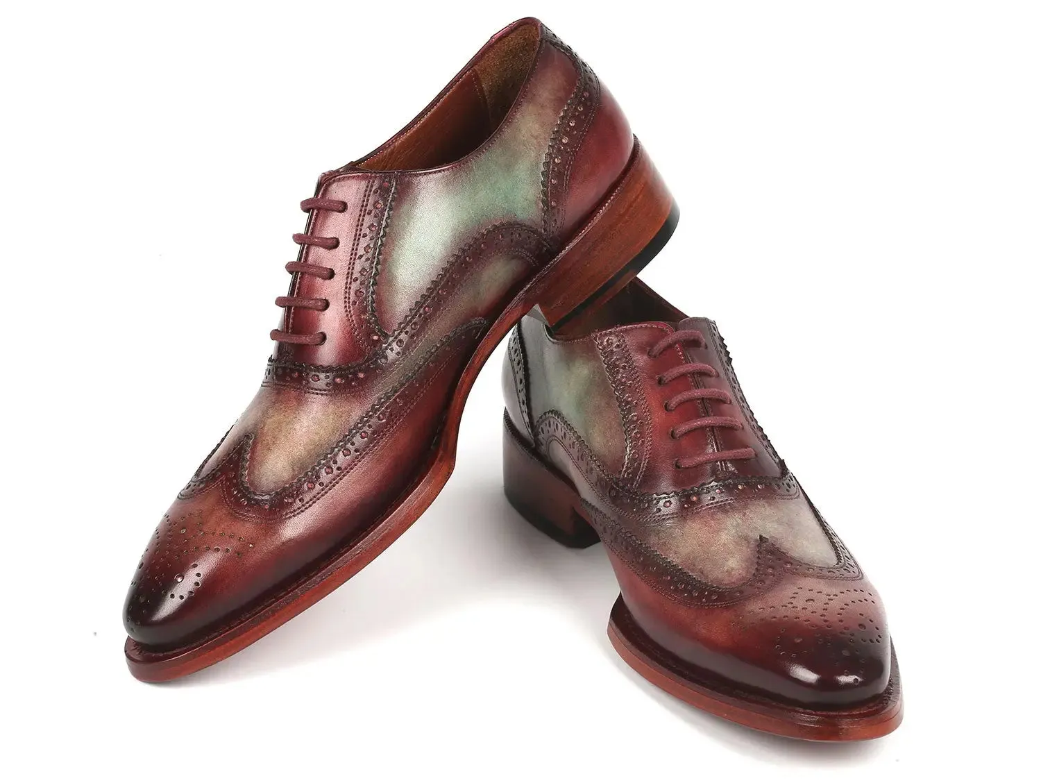 Paul Parkman Chaussures Paul Parkman Oxfords à bout effilé bicolores pour hommes avec couture Goodyear en vert et bordeaux