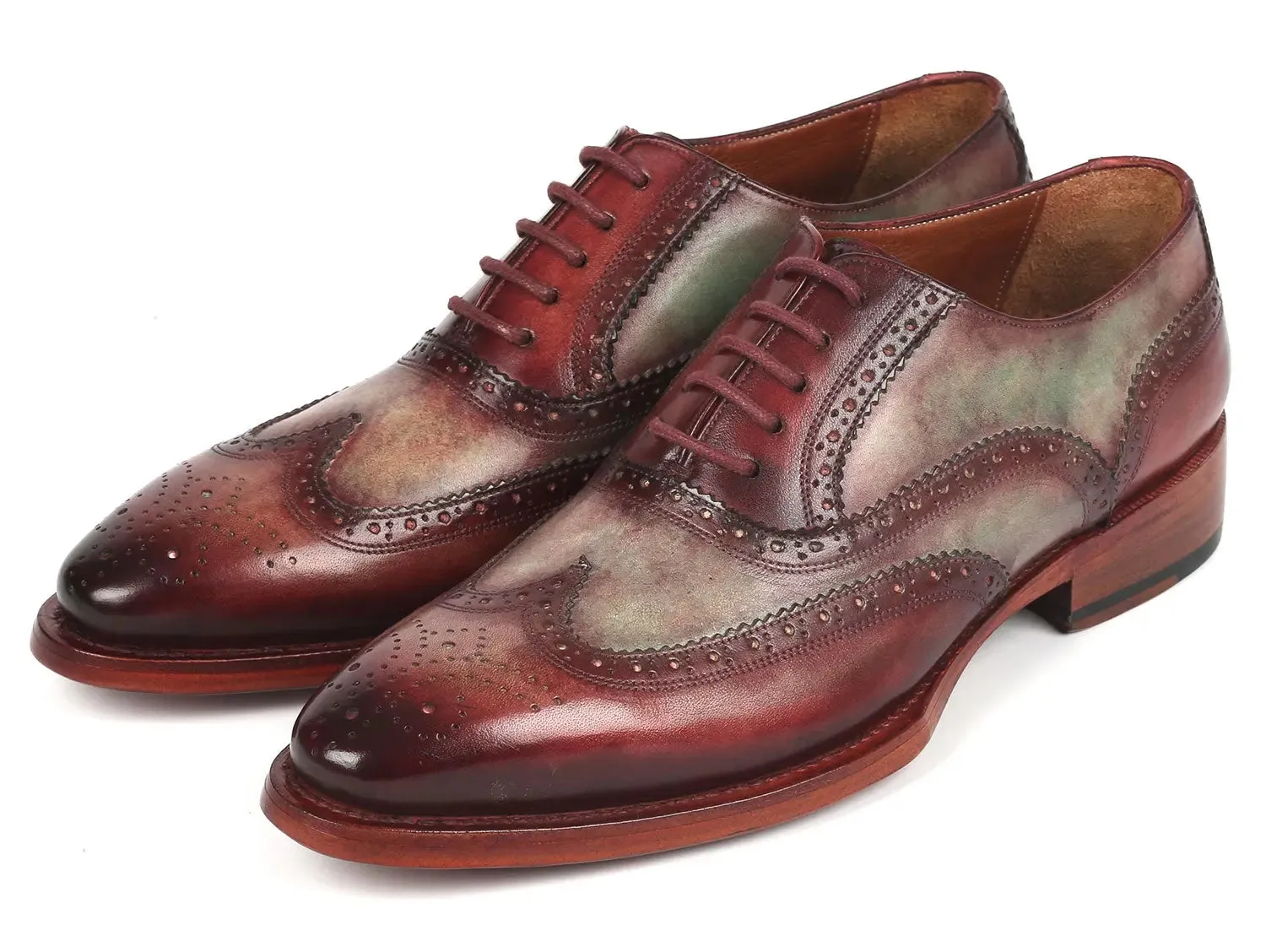Paul Parkman Chaussures Paul Parkman Oxfords à bout effilé bicolores pour hommes avec couture Goodyear en vert et bordeaux