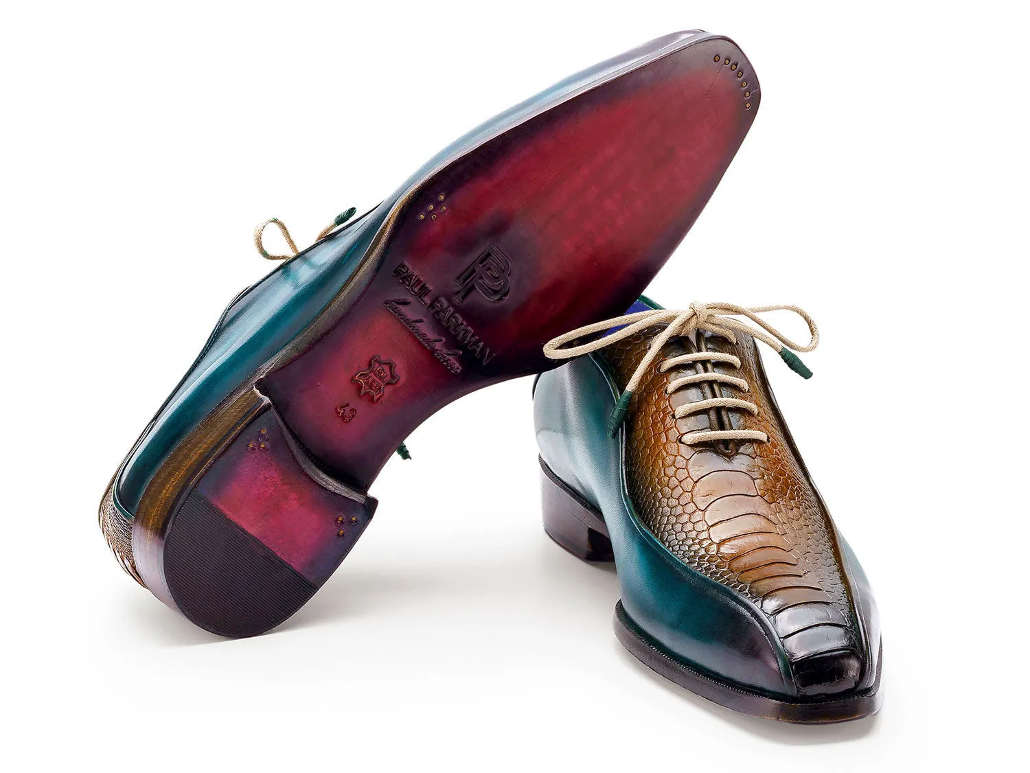Paul Parkman Chaussures Paul Parkman Oxfords à bout bicyclette en cuir d'autruche authentique pour hommes en vert et marron