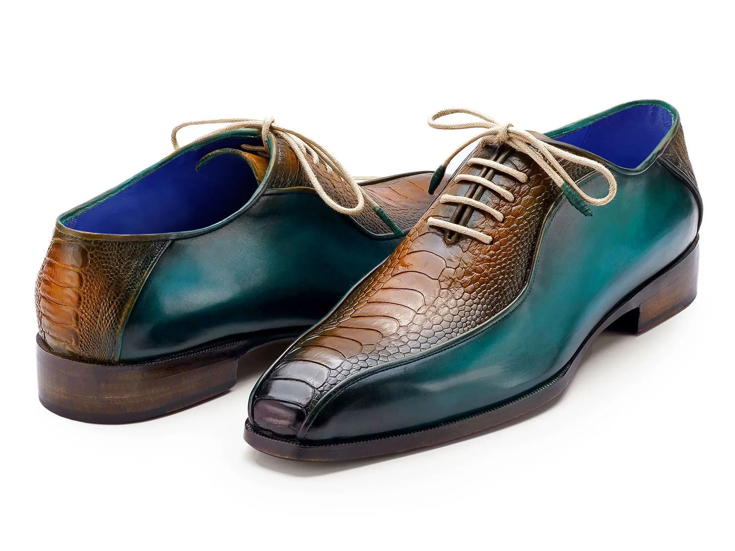 Paul Parkman Chaussures Paul Parkman Oxfords à bout bicyclette en cuir d'autruche authentique pour hommes en vert et marron