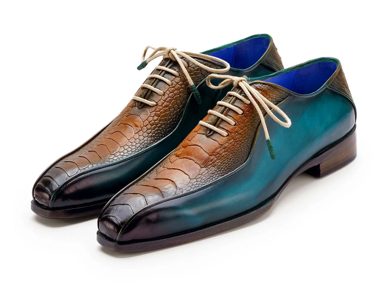 Paul Parkman Chaussures Paul Parkman Oxfords à bout bicyclette en cuir d'autruche authentique pour hommes en vert et marron