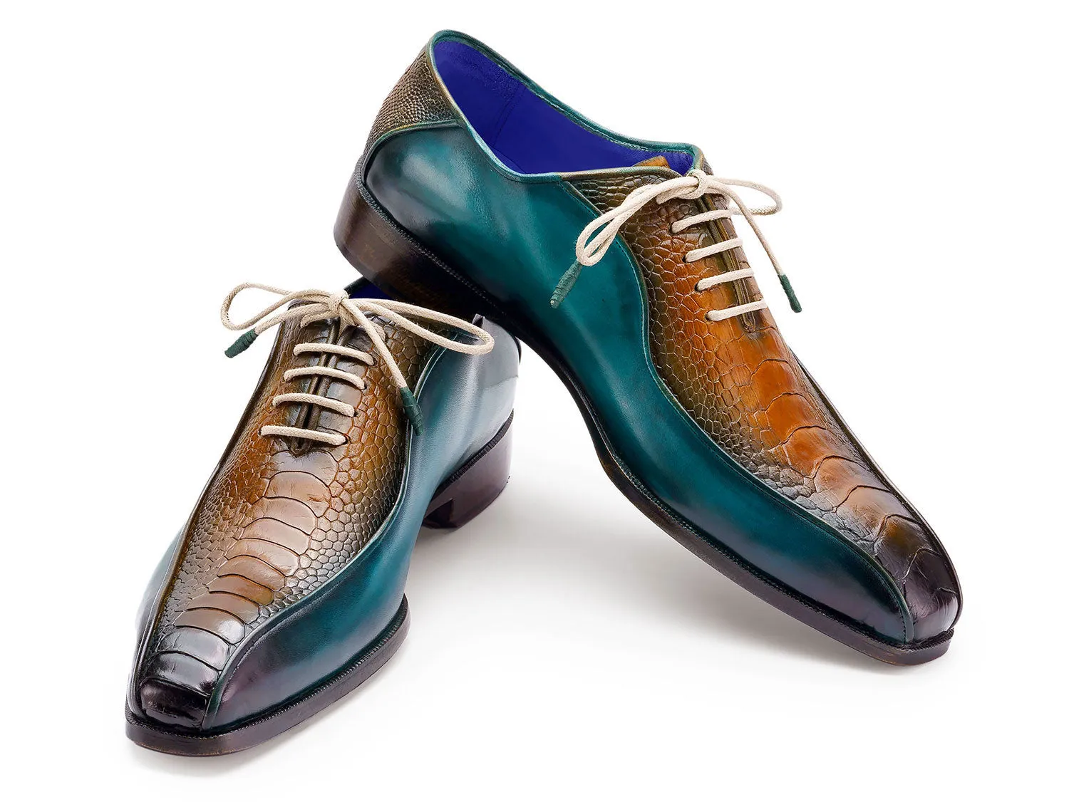 Paul Parkman Chaussures Paul Parkman Oxfords à bout bicyclette en cuir d'autruche authentique pour hommes en vert et marron