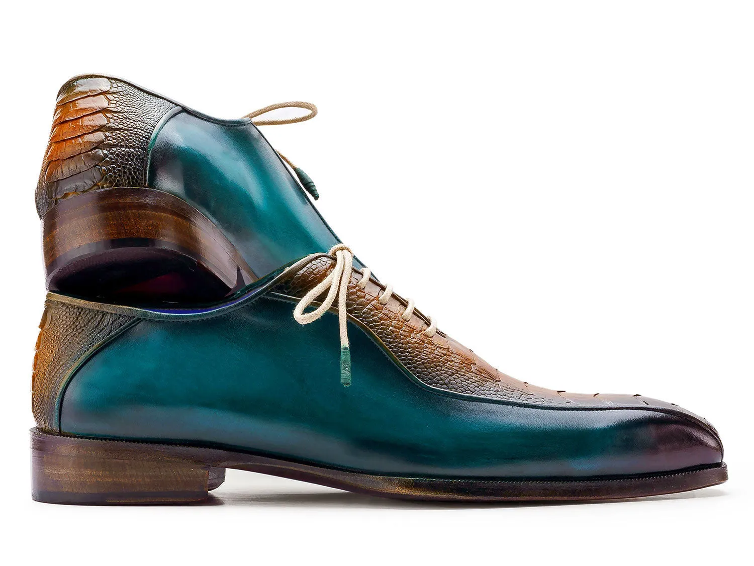 Paul Parkman Chaussures Paul Parkman Oxfords à bout bicyclette en cuir d'autruche authentique pour hommes en vert et marron