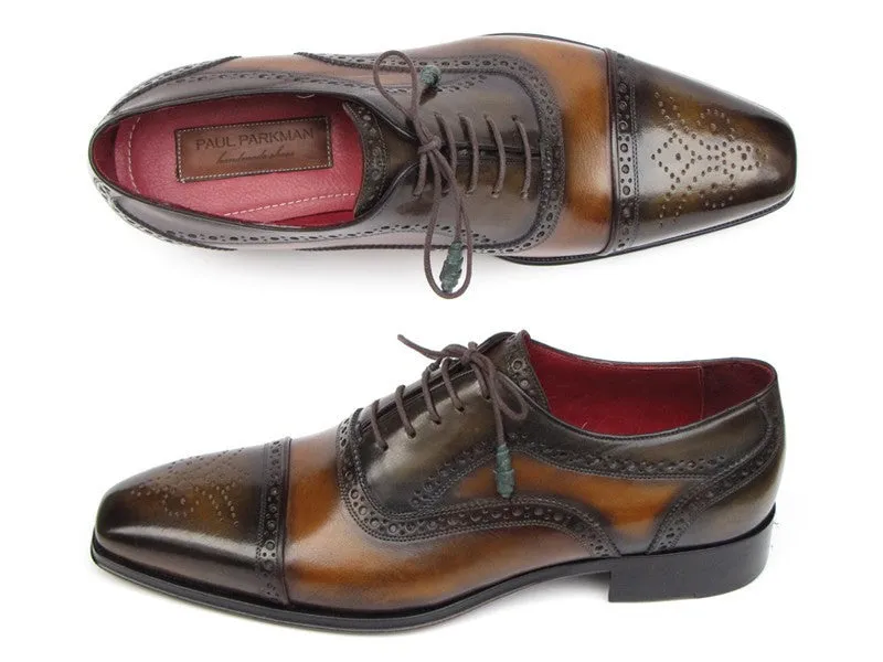 Paul Parkman Chaussures Paul Parkman Oxfords à bout captif en cuir peint à la main pour hommes en camel et olive
