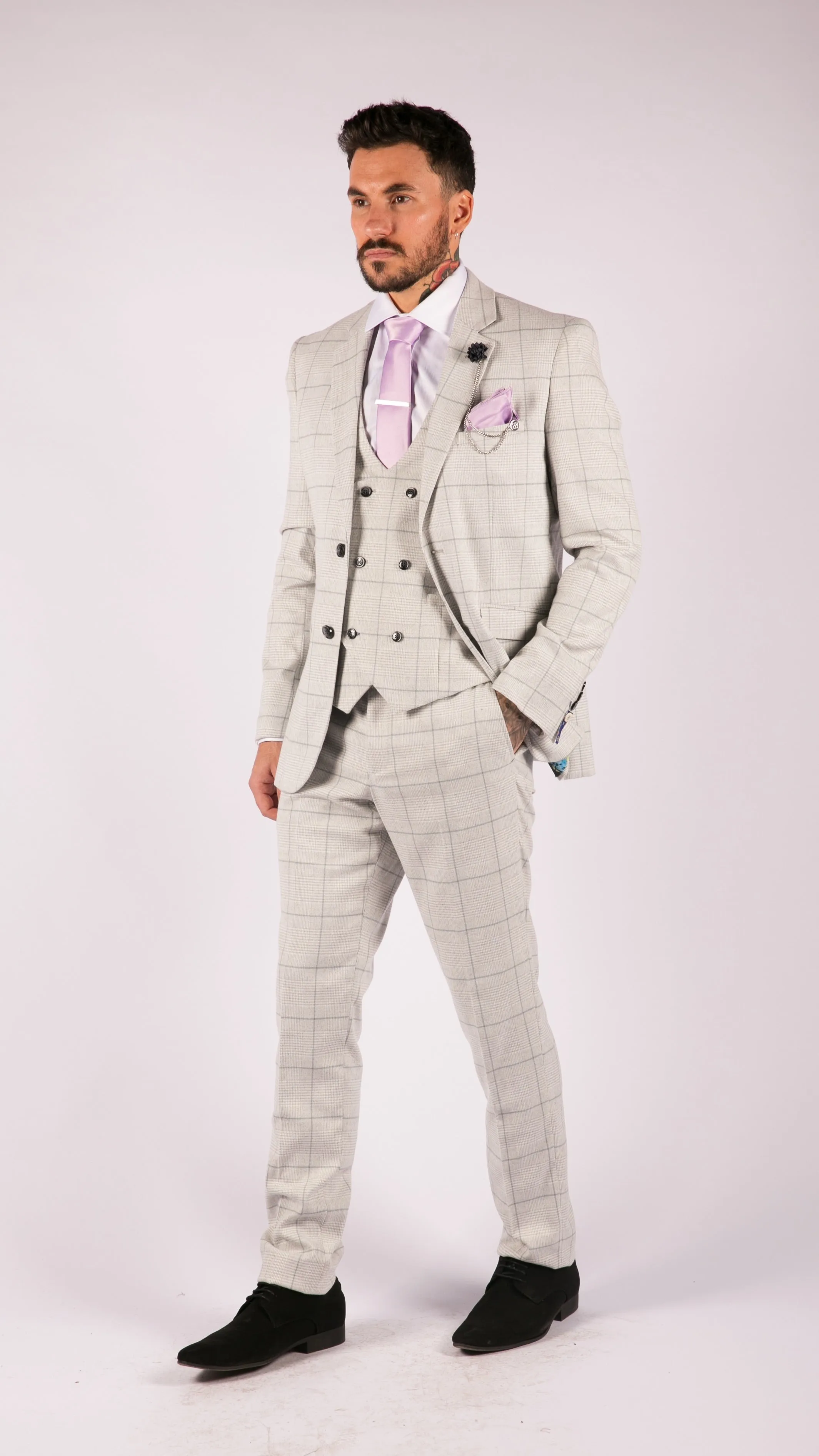 Costume trois pièces gris chiné à double boutonnage Radika