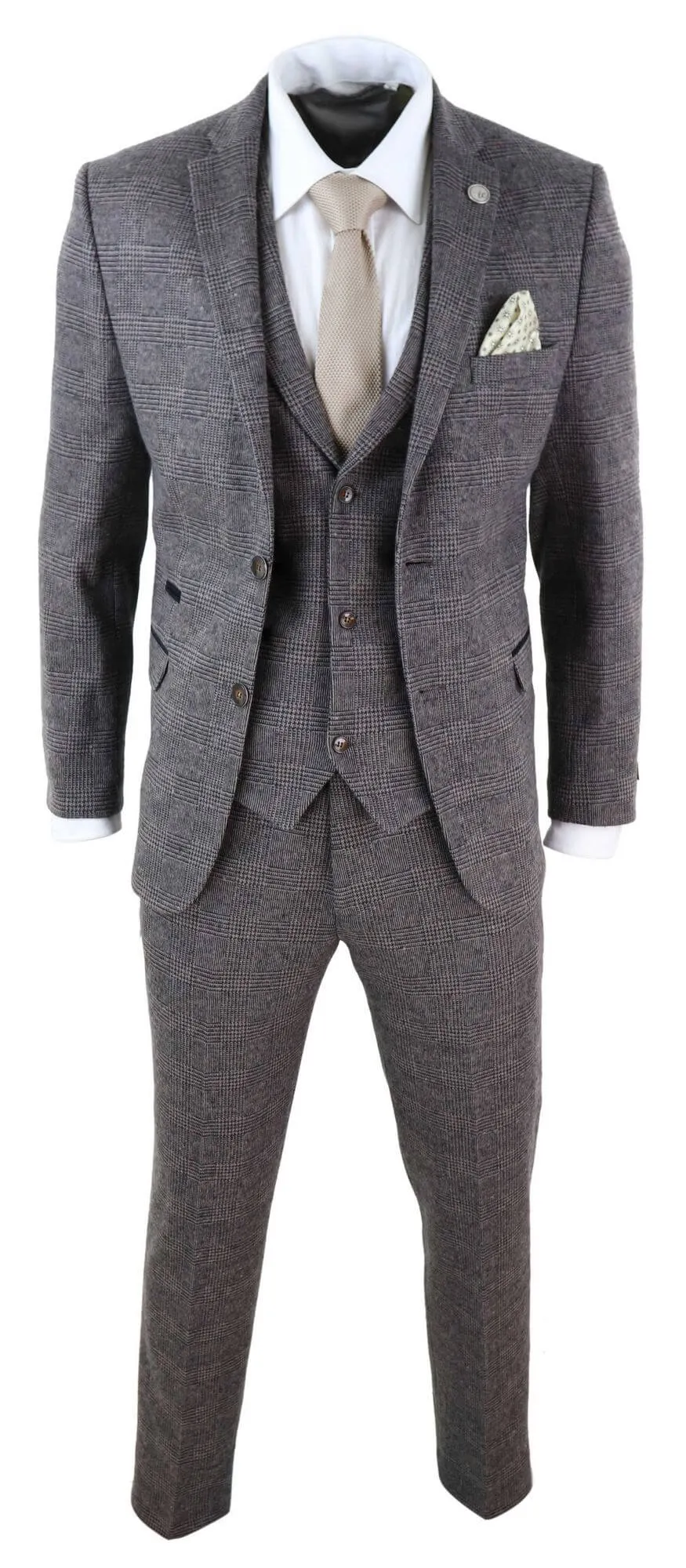 STZ17 Costume 3 pièces en laine à motif tweed marron